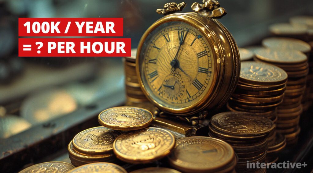 clock with roman numerals sitting on cois with white text on red box that says 100k per year equals question mark per hour